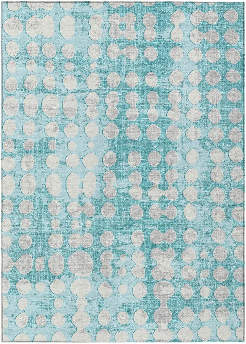 Teal Blue And Ivory Abstract Washable Indoor Outdoor Area Rug Photo 2