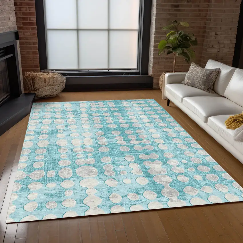 Teal Blue And Ivory Abstract Washable Indoor Outdoor Area Rug Photo 9