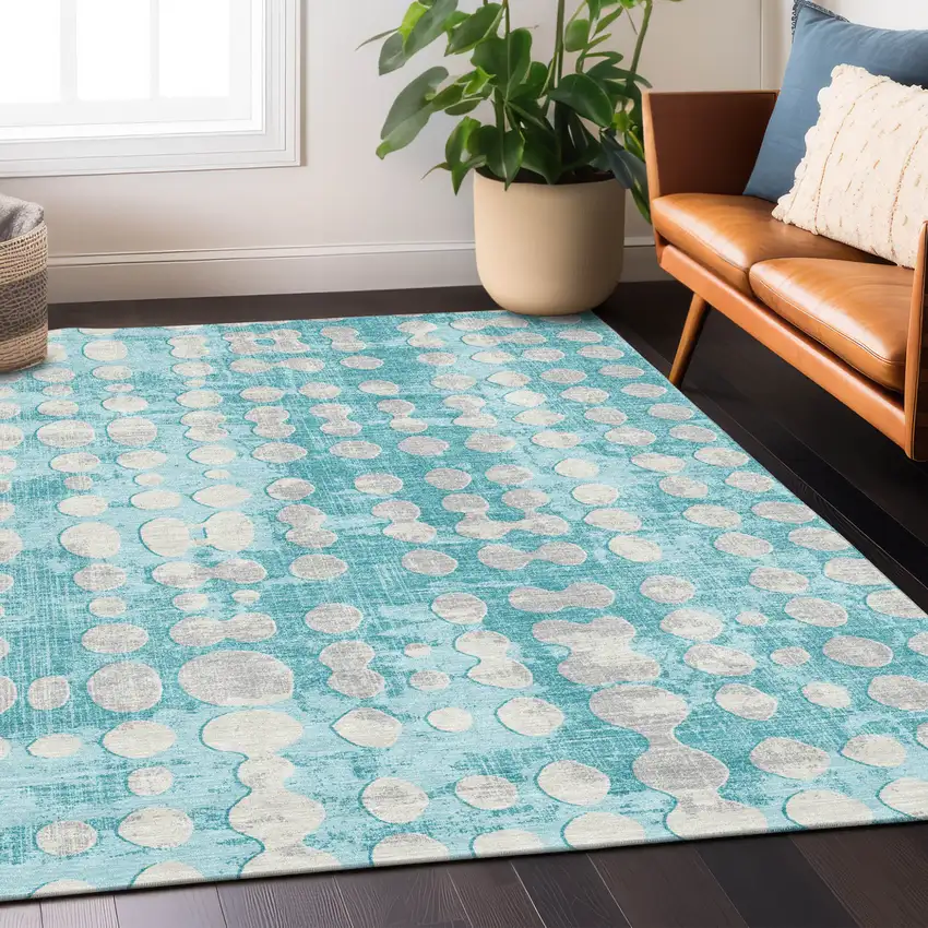 Teal Blue And Ivory Abstract Washable Indoor Outdoor Area Rug Photo 9