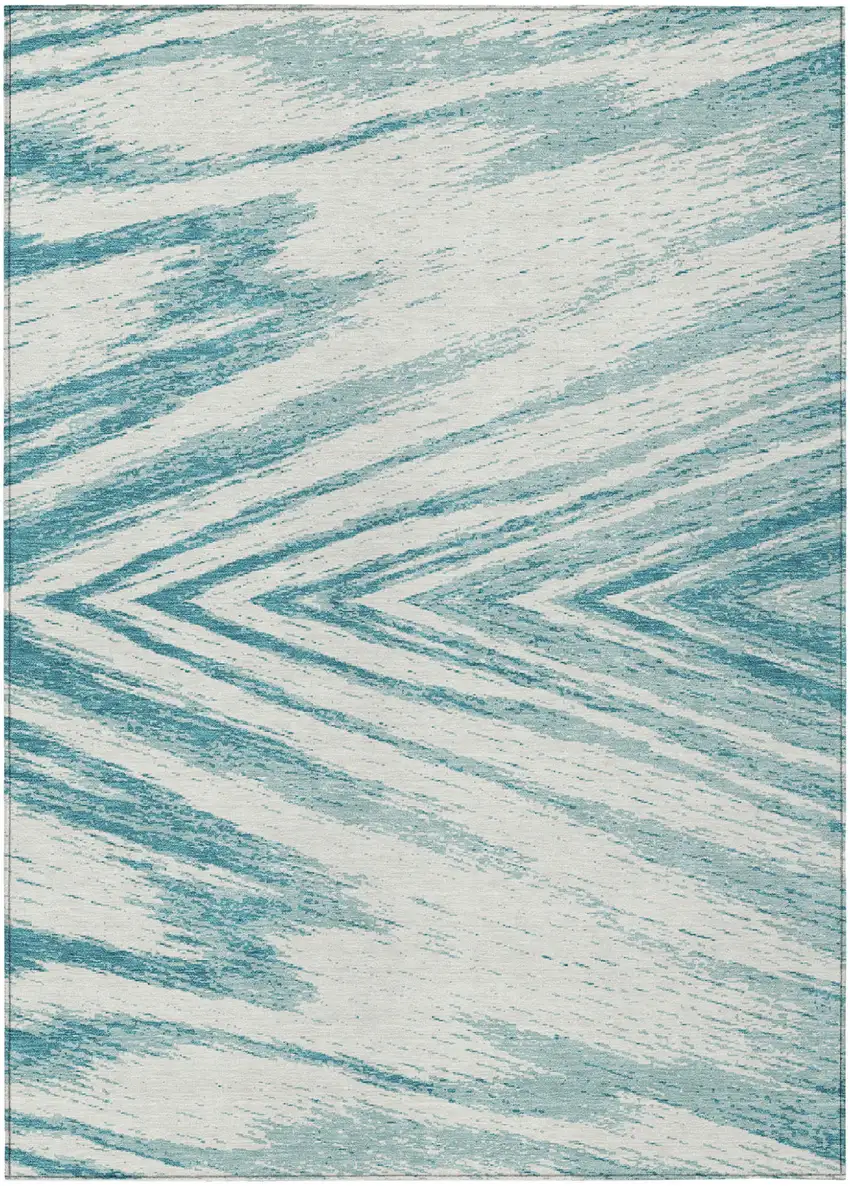Teal Blue And Ivory Abstract Washable Indoor Outdoor Area Rug Photo 2