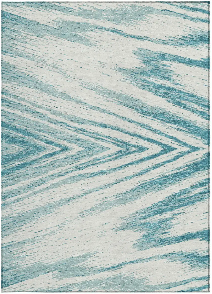 Teal Blue And Ivory Abstract Washable Indoor Outdoor Area Rug Photo 6