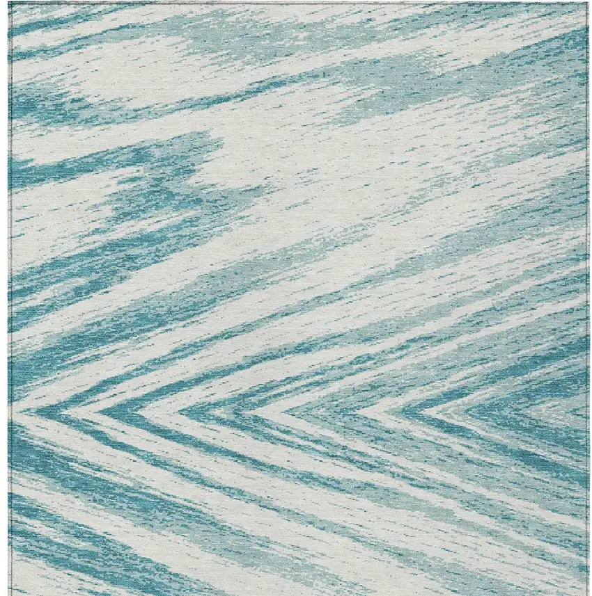 Teal Blue And Ivory Abstract Washable Indoor Outdoor Area Rug Photo 6
