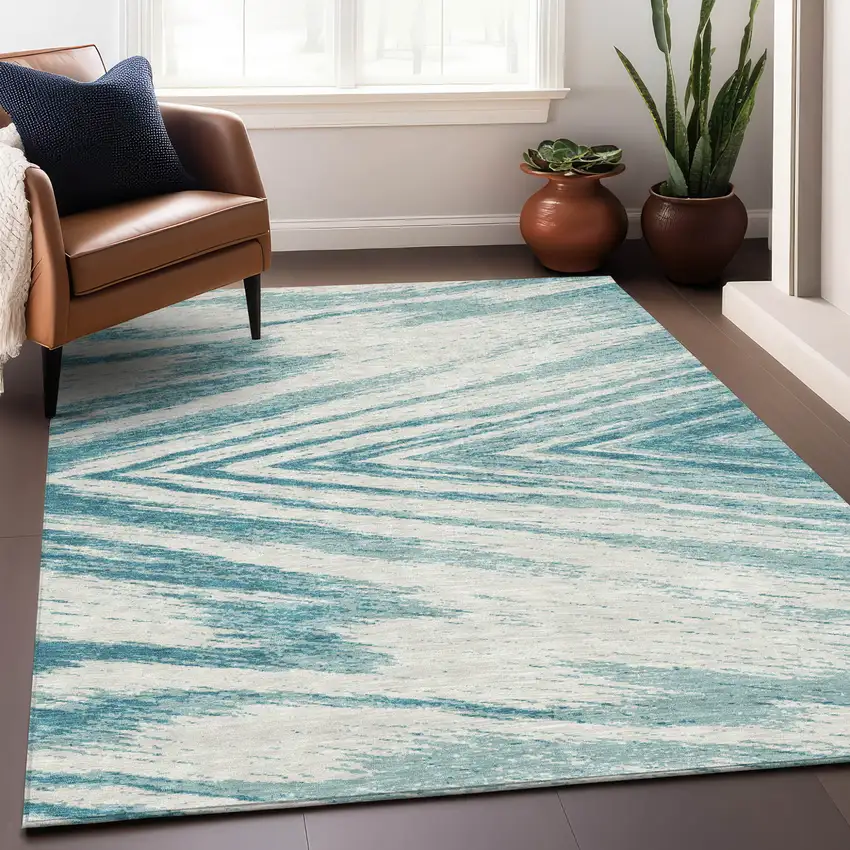 Teal Blue And Ivory Abstract Washable Indoor Outdoor Area Rug Photo 9
