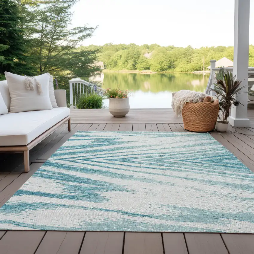 Teal Blue And Ivory Abstract Washable Indoor Outdoor Area Rug Photo 8