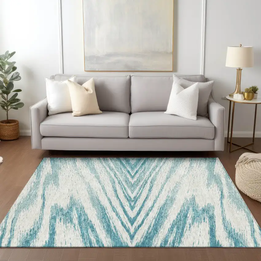 Teal Blue And Ivory Abstract Washable Indoor Outdoor Area Rug Photo 9