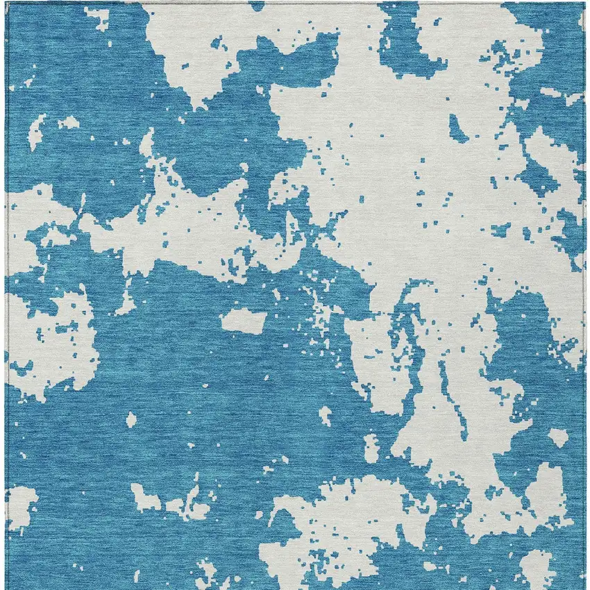 Teal Blue And Ivory Abstract Washable Indoor Outdoor Area Rug Photo 6