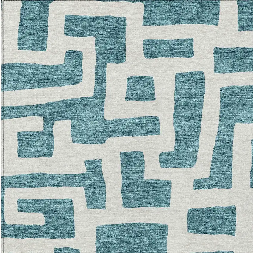 Teal Blue And Ivory Abstract Washable Indoor Outdoor Area Rug Photo 6