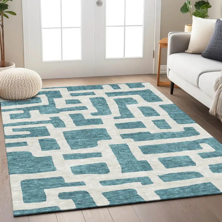 Teal Blue And Ivory Abstract Washable Indoor Outdoor Area Rug Photo 9