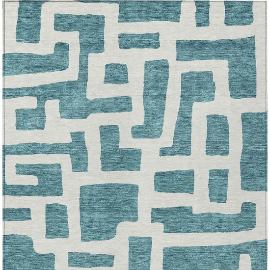 Teal Blue And Ivory Abstract Washable Indoor Outdoor Area Rug Photo 7