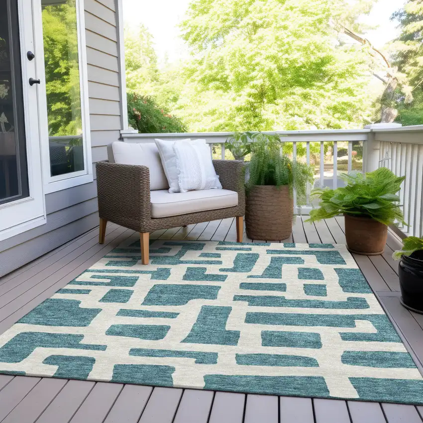 Teal Blue And Ivory Abstract Washable Indoor Outdoor Area Rug Photo 6