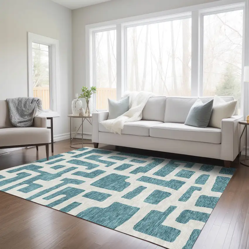 Teal Blue And Ivory Abstract Washable Indoor Outdoor Area Rug Photo 8