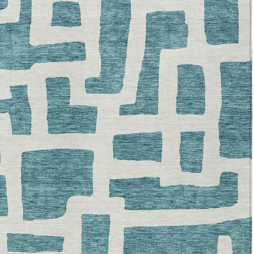 Teal Blue And Ivory Abstract Washable Indoor Outdoor Area Rug Photo 4