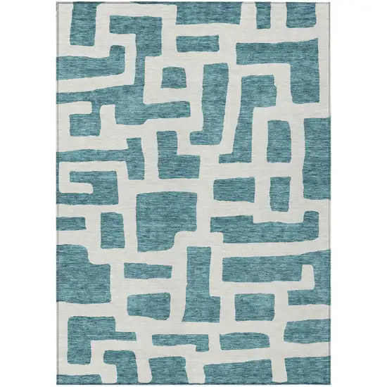 Teal Blue And Ivory Abstract Washable Indoor Outdoor Area Rug Photo 1