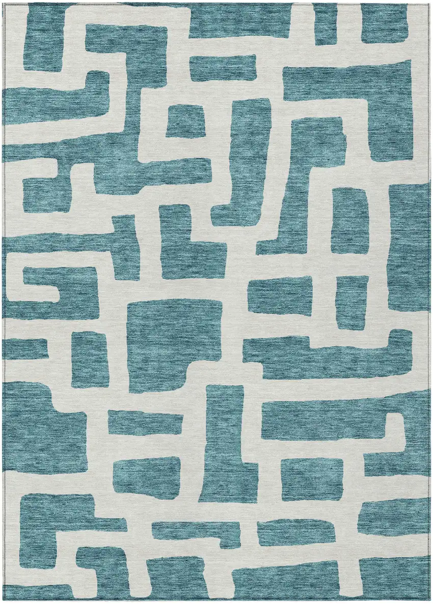 Teal Blue And Ivory Abstract Washable Indoor Outdoor Area Rug Photo 1