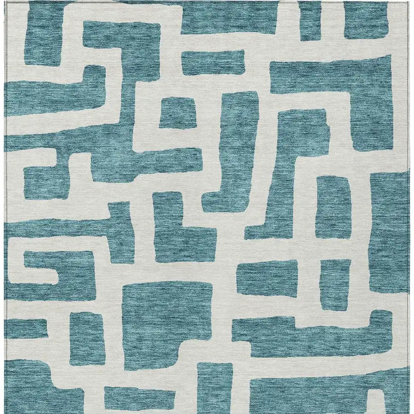 Teal Blue And Ivory Abstract Washable Indoor Outdoor Area Rug Photo 5