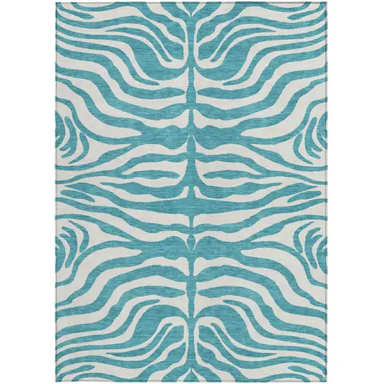 Teal Blue And Ivory Animal Print Washable Indoor Outdoor Area Rug Photo 6