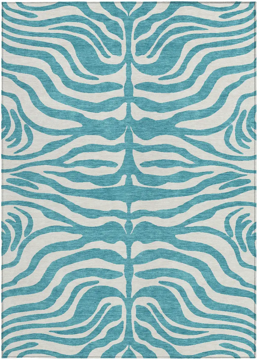 Teal Blue And Ivory Animal Print Washable Indoor Outdoor Area Rug Photo 6