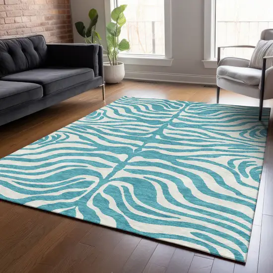 Teal Blue And Ivory Animal Print Washable Indoor Outdoor Area Rug Photo 8