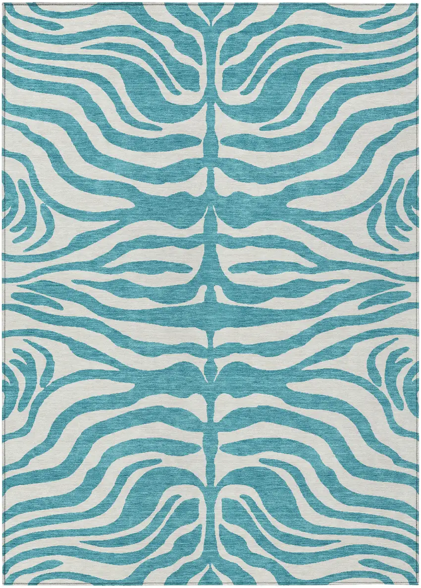 Teal Blue And Ivory Animal Print Washable Indoor Outdoor Area Rug Photo 2