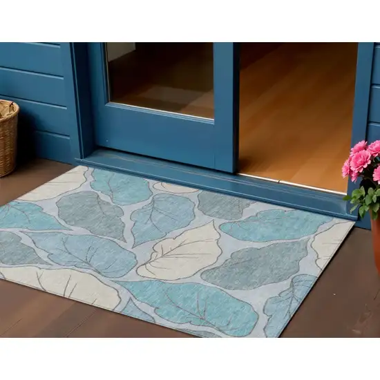 Teal Blue And Ivory Botanical Leaves Washable Indoor Outdoor Area Rug Photo 1