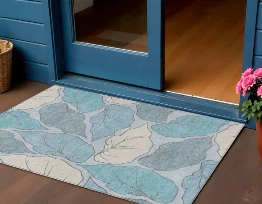 Teal Blue And Ivory Botanical Leaves Washable Indoor Outdoor Area Rug Photo 1