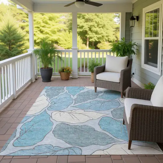 Teal Blue And Ivory Botanical Leaves Washable Indoor Outdoor Area Rug Photo 9