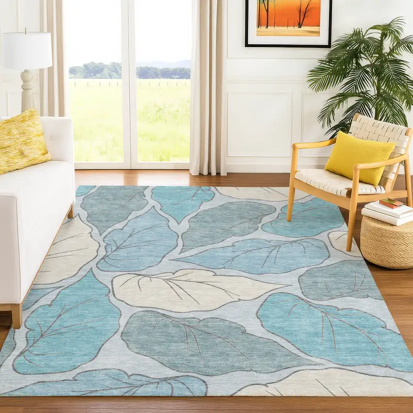 Teal Blue And Ivory Botanical Leaves Washable Indoor Outdoor Area Rug Photo 9