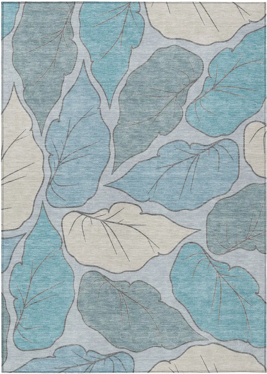 Teal Blue And Ivory Botanical Leaves Washable Indoor Outdoor Area Rug Photo 2