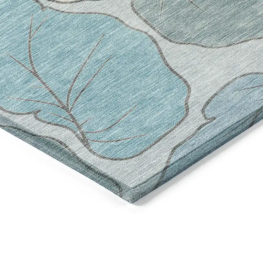 Teal Blue And Ivory Botanical Leaves Washable Indoor Outdoor Area Rug Photo 6