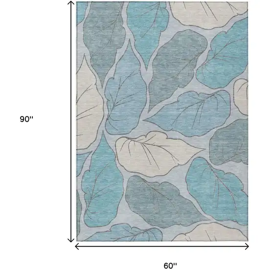 Teal Blue And Ivory Botanical Leaves Washable Indoor Outdoor Area Rug Photo 3