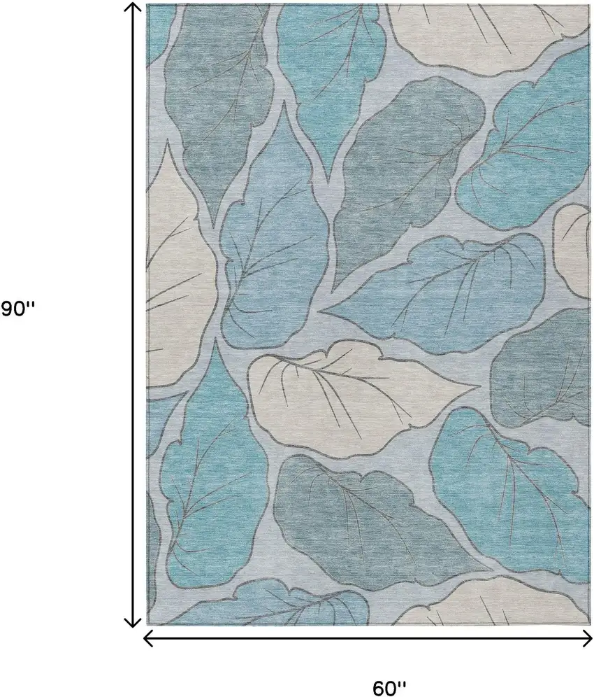Teal Blue And Ivory Botanical Leaves Washable Indoor Outdoor Area Rug Photo 3
