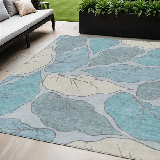 Teal Blue And Ivory Botanical Leaves Washable Indoor Outdoor Area Rug Photo 1