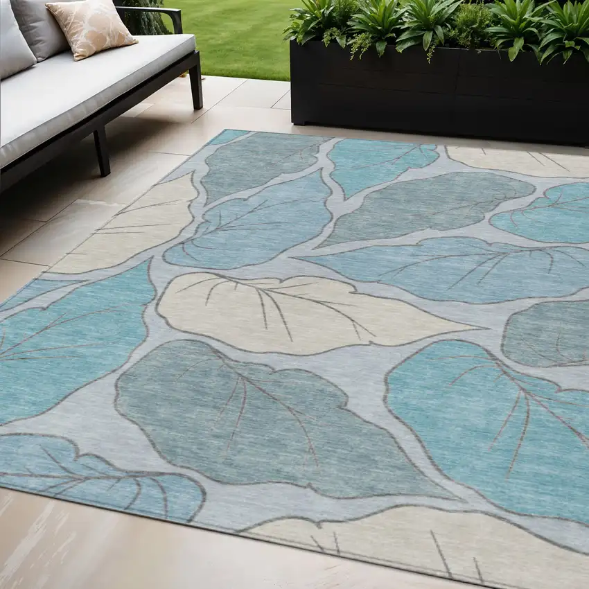 Teal Blue And Ivory Botanical Leaves Washable Indoor Outdoor Area Rug Photo 1