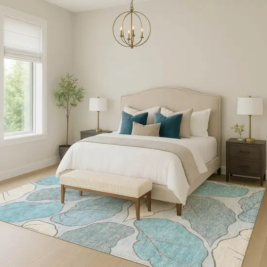 Teal Blue And Ivory Botanical Leaves Washable Indoor Outdoor Area Rug Photo 9