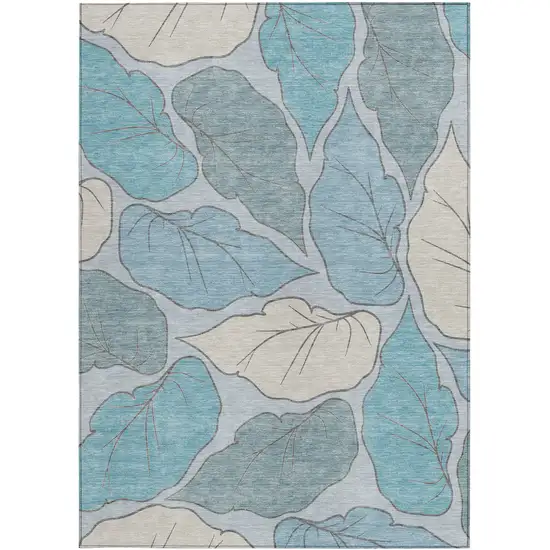 Teal Blue And Ivory Botanical Leaves Washable Indoor Outdoor Area Rug Photo 4