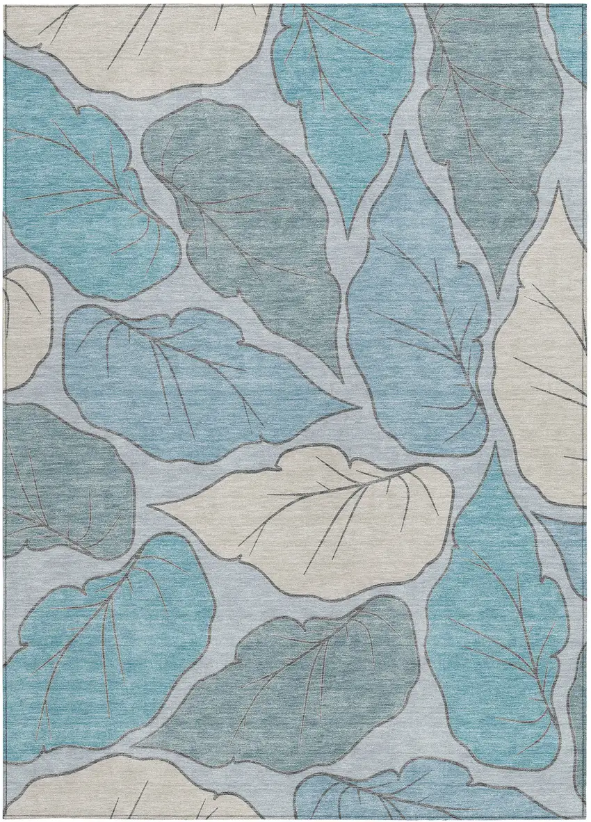 Teal Blue And Ivory Botanical Leaves Washable Indoor Outdoor Area Rug Photo 4