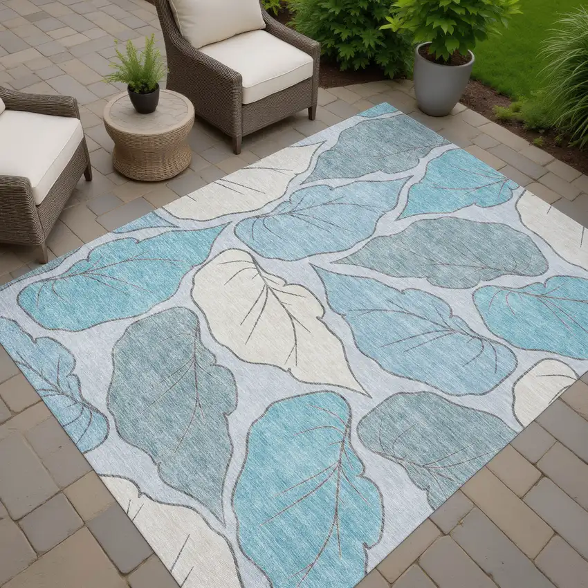 Teal Blue And Ivory Botanical Leaves Washable Indoor Outdoor Area Rug Photo 8