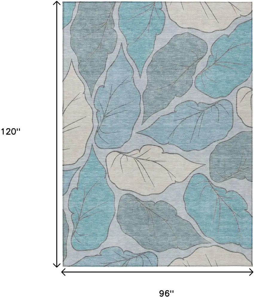 Teal Blue And Ivory Botanical Leaves Washable Indoor Outdoor Area Rug Photo 3