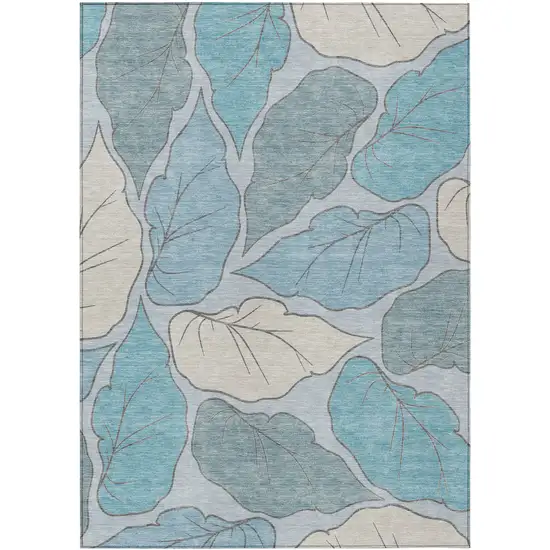 Teal Blue And Ivory Botanical Leaves Washable Indoor Outdoor Area Rug Photo 2
