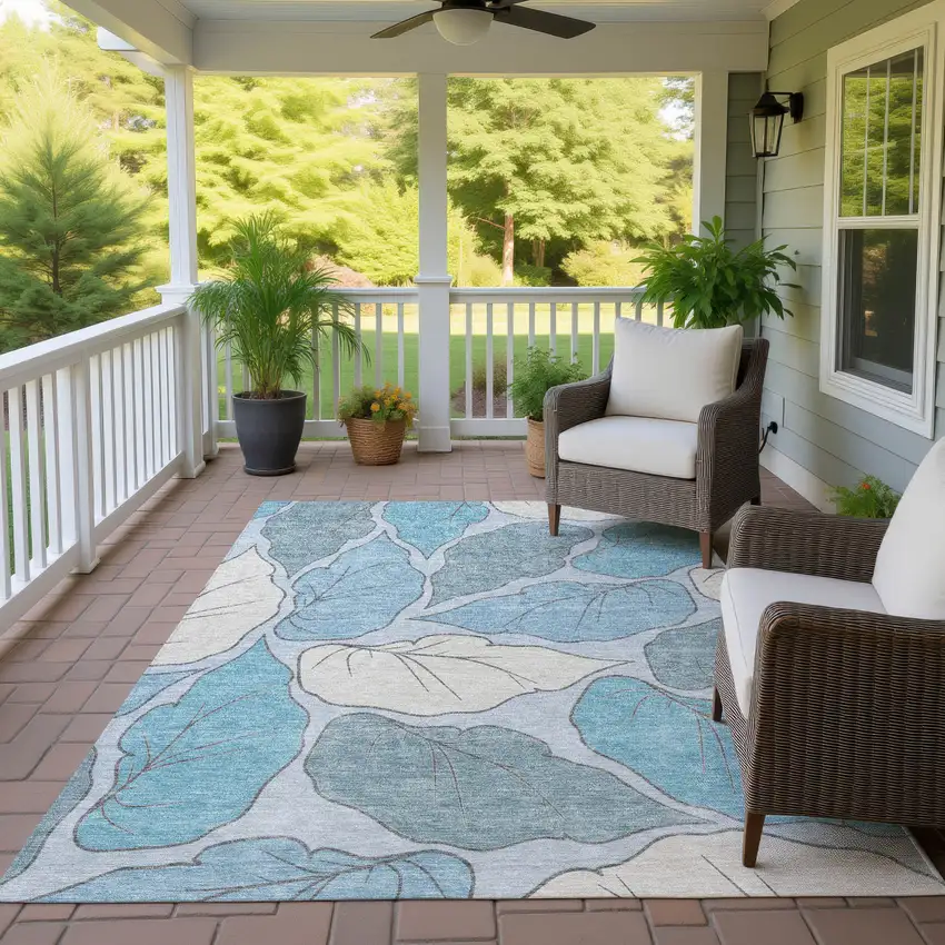 Teal Blue And Ivory Botanical Leaves Washable Indoor Outdoor Area Rug Photo 9