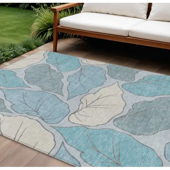 Teal Blue And Ivory Botanical Leaves Washable Indoor Outdoor Area Rug Photo 1