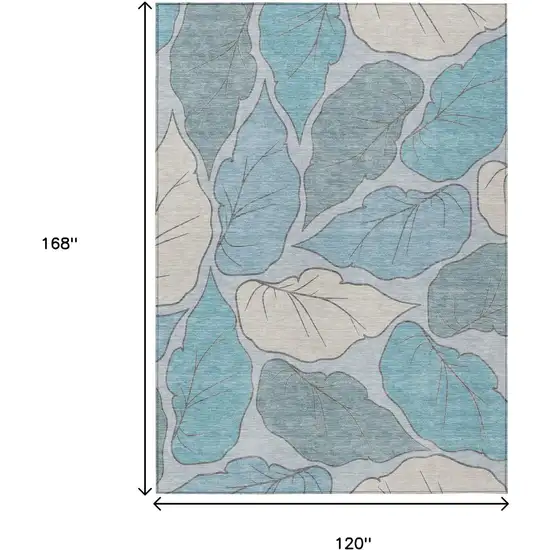 Teal Blue And Ivory Botanical Leaves Washable Indoor Outdoor Area Rug Photo 3