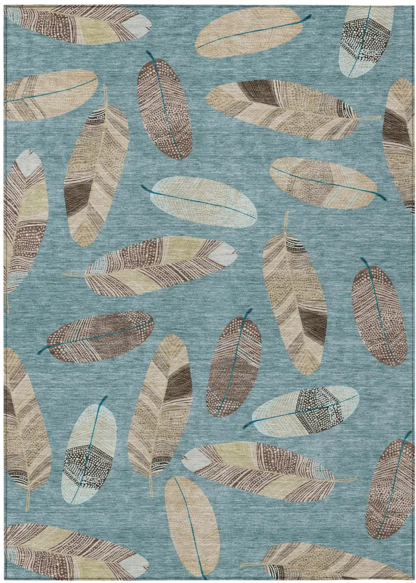 Teal Blue And Ivory Botanical Leaves Washable Indoor Outdoor Area Rug Photo 2