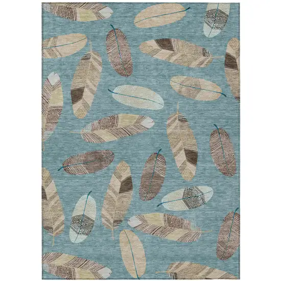 Teal Blue And Ivory Botanical Leaves Washable Indoor Outdoor Area Rug Photo 2