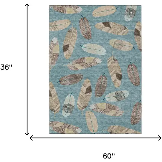 Teal Blue And Ivory Botanical Leaves Washable Indoor Outdoor Area Rug Photo 9