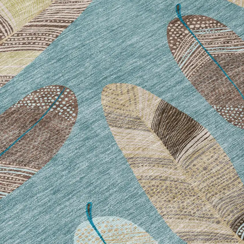 Teal Blue And Ivory Botanical Leaves Washable Indoor Outdoor Area Rug Photo 8