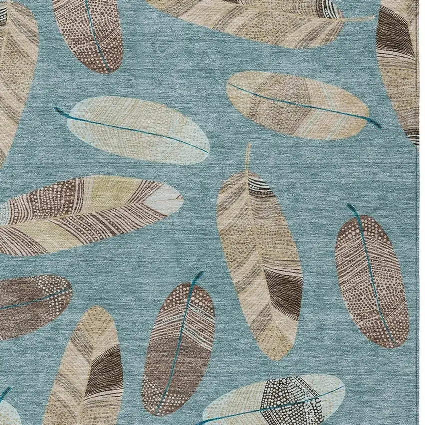 Teal Blue And Ivory Botanical Leaves Washable Indoor Outdoor Area Rug Photo 5