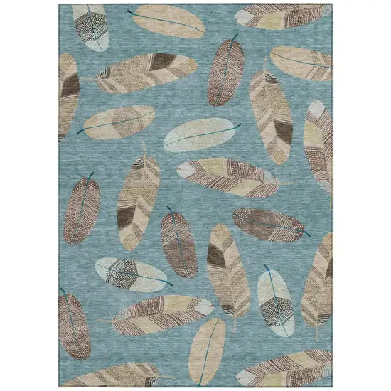 Teal Blue And Ivory Botanical Leaves Washable Indoor Outdoor Area Rug Photo 4
