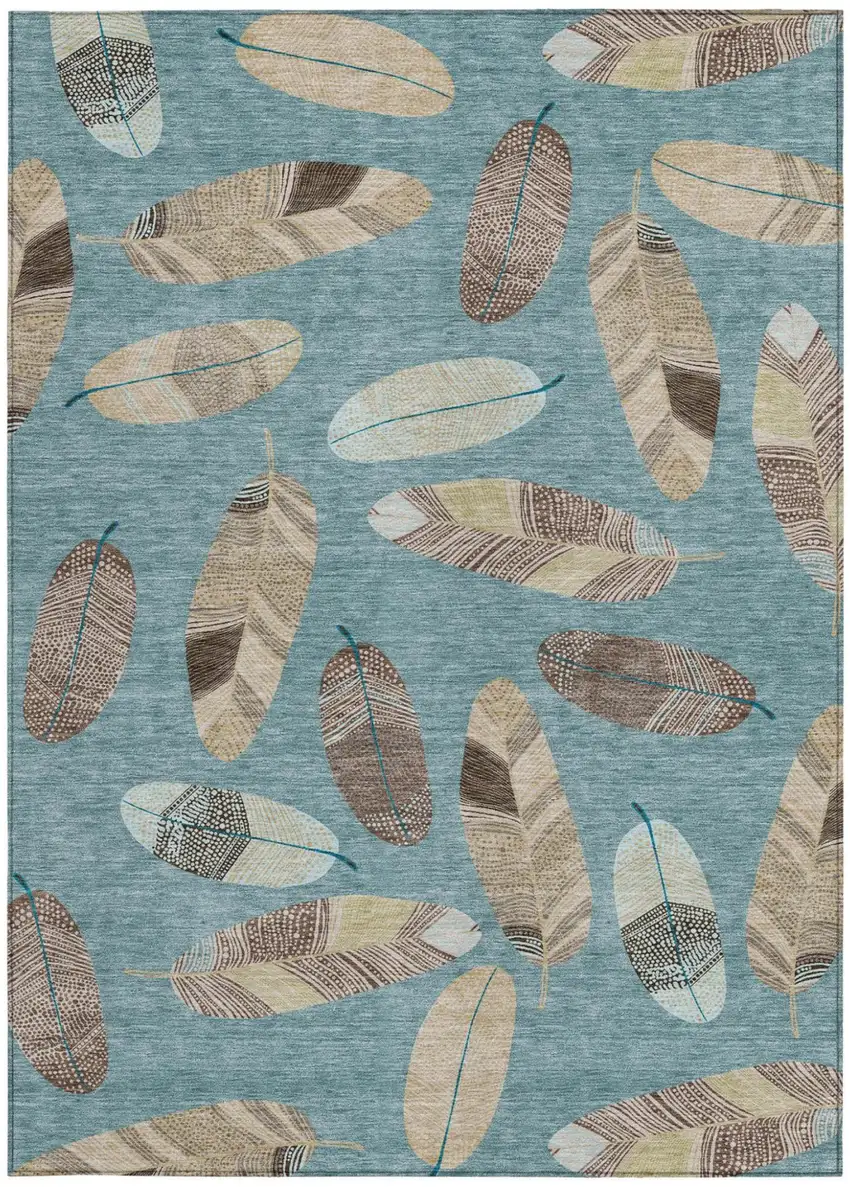 Teal Blue And Ivory Botanical Leaves Washable Indoor Outdoor Area Rug Photo 4
