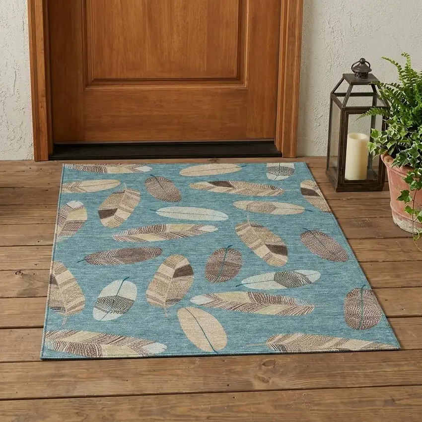 Teal Blue And Ivory Botanical Leaves Washable Indoor Outdoor Area Rug Photo 1